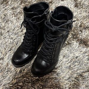 Guess Women's Black Lace-Up Combat-Style Heel Boots